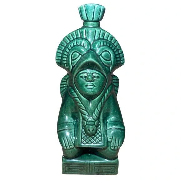 Vtg Kahlua Mayan Aztec Warrior Decanter Green 6 Shot Glass Set MCM Barware Rare - Picture 2 of 16
